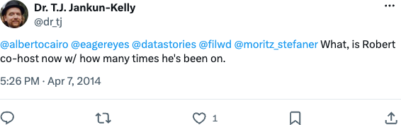 Tweet from Dr. T.J. Jankun-Kelly: "@albertocairo @eagereyes @datastories @filwd @moritz_stefaner What, is Robert co-host now w/ how many times he's been on."