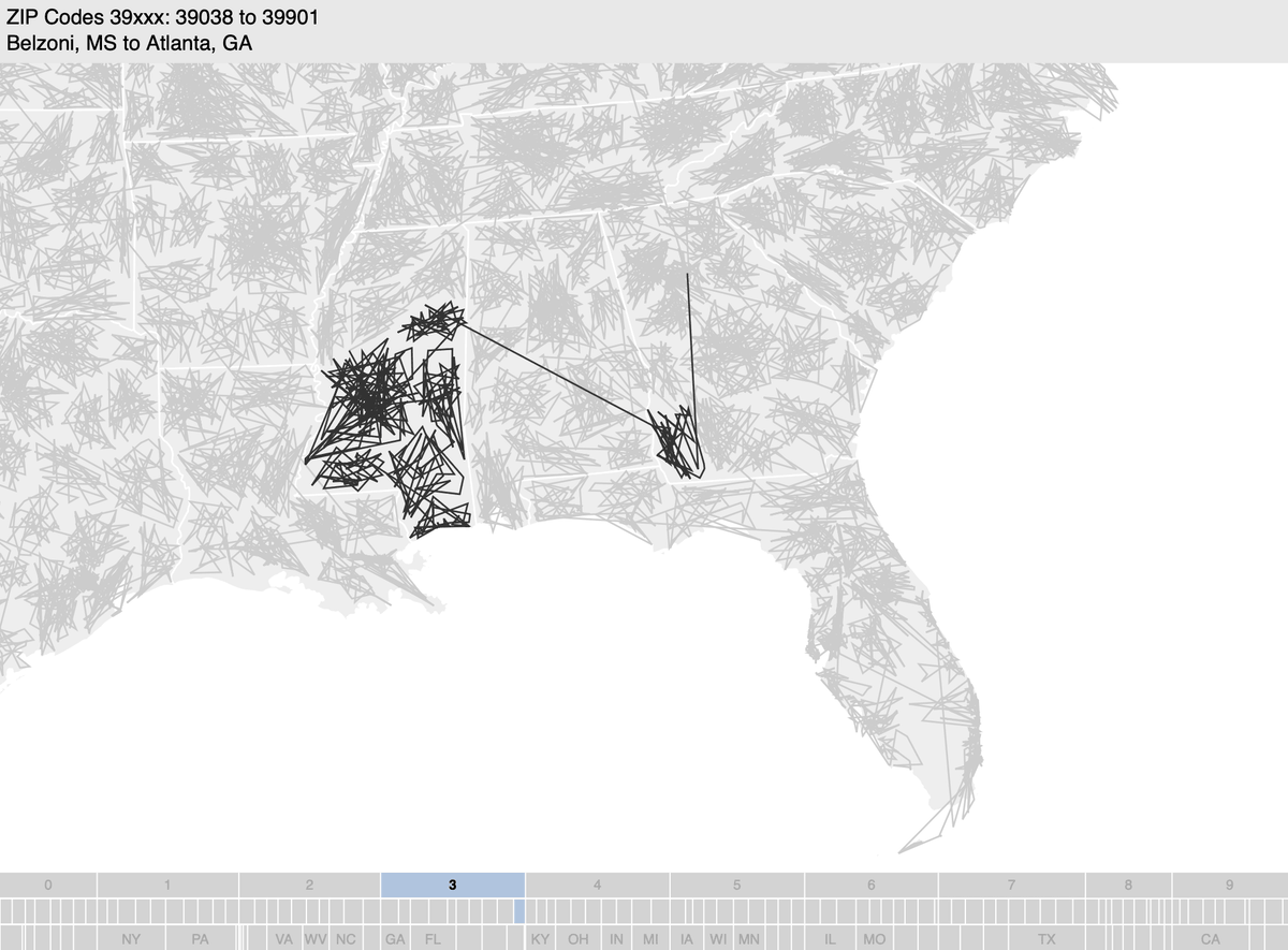 ZIPScribble map of the United States, zoomed into Florida